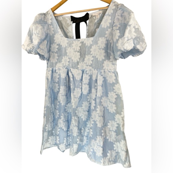 NWT Topshop Daisy Organza Bow Floral Sheer Babydoll Mini Dress Blue White Sz 12 - Picture 5 of 13
